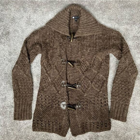 Carole Little Brown Cable Knit Wool Alpaca Blend Cardigan Sweater L Cottagecore - Picture 1 of 11